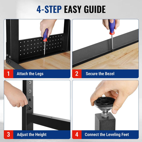 4-step guide assembling Beefy 4000 Lb Capacity Adjustable Workbench With Power Outlet And Pegboard, heavy duty steel frame
