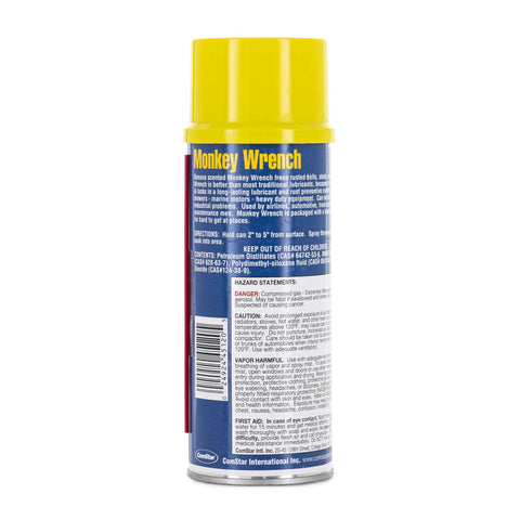 Back view of 14 oz Monkey Wrench Lubricant Spray That Frees Rusted Bolts And Nuts Fast, Displaces Water, Protects Metal can.
