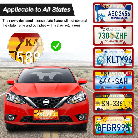 Stainless Steel 4 Hole License Plate Frames For US Vehicles Red With Screws Washers And Caps shown on red car with multiple state plates