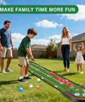 Family playing on Upgraded Indoor Golf Putting Mat Set With LED Balls And Glow Cups in backyard, enjoying night golf fun.
