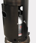 Propane Patio Heater 48,000 BTU Outdoors With Open Door Design And Adjustable Table Single Pole Regulator And Hose Hammered Bronze Finish Weight Bladder Included For Easy Tank Swaps And Cozy Backyard Heat showing open door with tank inside.