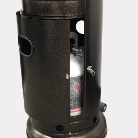 Propane Patio Heater 48,000 BTU Outdoors With Open Door Design And Adjustable Table Single Pole Regulator And Hose Hammered Bronze Finish Weight Bladder Included For Easy Tank Swaps And Cozy Backyard Heat showing open door with tank inside.