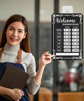 Woman holding business hours sign, Two Pack Changeable Business Hours Signs For Doors And Windows With Six Time Stickers In Durable Black PVC Measuring 13.78 By 9.45 Inches Perfect For Coffee Shops Bars Cafes Restaurants Front Entrance Or Window Displays