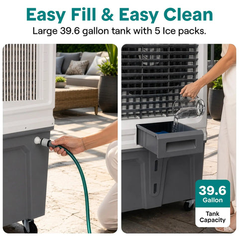 Heavy Duty Portable Evaporative Air Cooler With 12000 CFM Hella Badass Cooling For Large Indoor Outdoor Spaces Sweet Chill With 12 Hour Timer Smart App Remote Control with 39.6 gallon water tank filling.