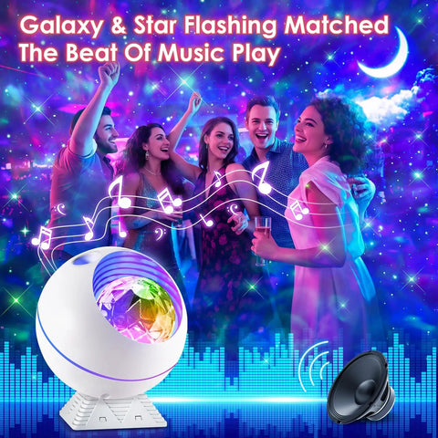 People enjoying party with Moonlit Galaxy Night Projector For Bedroom With 43 Lighting Modes Dimmable Starlight Sky Projector.