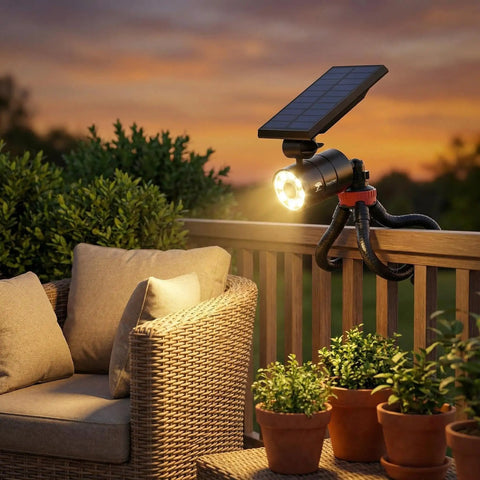 Ultra Bright Solar Motion Light Outdoor Waterproof Security Spotlight with flexible tripod on patio railing at sunset