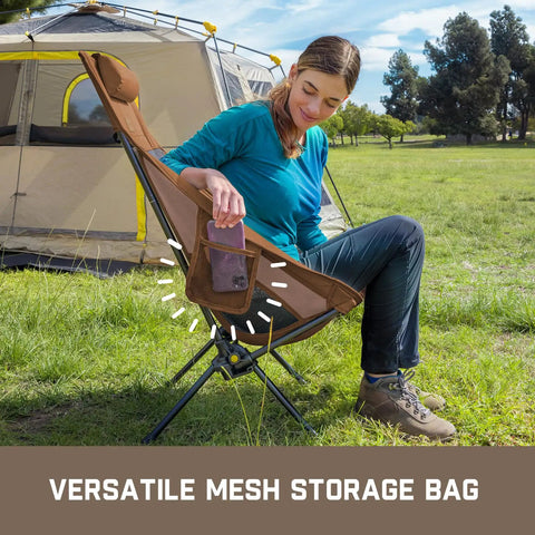 Person sitting on Zeta L8 Max Camping Chair With Carry Bag, showing mesh storage, 25 degree gentle tilt, supports up to 250 lbs, brown.