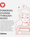 Illustration promoting music education by The D'Addario Foundation with a figure holding a guitar and the text 'Powering Change Through Music'.