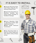 Installation guide for Black 4 Light Vanity LED Bathroom Light Fixture For Modern Homes with a worker wearing a hard hat and tool belt.