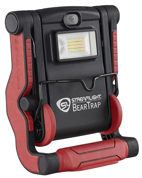 BearTrap 61520 2000 Lumen Multi Function Work Light With Magnetic Base And Hang Hook, folded design, black and red