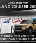 Real Deal M6 Stainless Steel License Plate Screws For Toyota Land Cruiser 250 2024 installed on a vehicle with license plate visible.