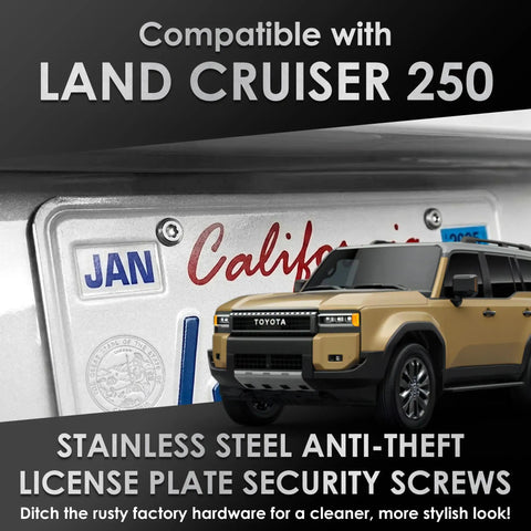 Real Deal M6 Stainless Steel License Plate Screws For Toyota Land Cruiser 250 2024 installed on a vehicle with license plate visible.