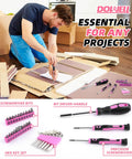 Man assembling furniture with Pink Tool Kit For Women 140 Piece Home DIY Essentials In A 14 Inch Storage Bag, tools displayed.