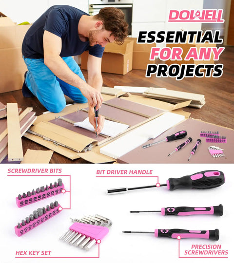 Man assembling furniture with Pink Tool Kit For Women 140 Piece Home DIY Essentials In A 14 Inch Storage Bag, tools displayed.