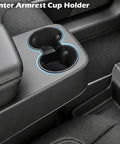 Tesla Model Y Juniper Standard Center Console Organizer Set With A Badass Wireless Charging Pad And Squared Away Cup Holder Insert showing the cup holder layout.