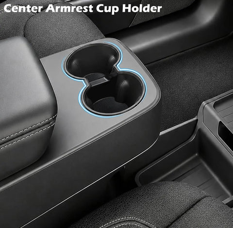 Tesla Model Y Juniper Standard Center Console Organizer Set With A Badass Wireless Charging Pad And Squared Away Cup Holder Insert showing the cup holder layout.