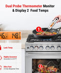 Rechargeable Instant Read Meat Thermometer With Dual Temperature Display And Alarm measuring steak in a pan on stove