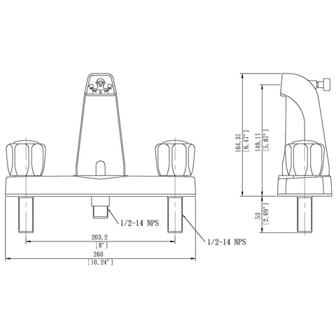 Technical diagram of Two Handle Tub Shower Diverter For Mobile Homes 8 Inch Non Metallic Plastic Valve Chrome Finish