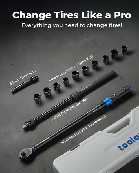 13 Piece One Half Inch Torque Wrench Set With 25 To 250 Ft-Lb Range And Plus Minus Three Percent Accuracy All In One Tire Repair Kit Including Click Torque Wrench Breaker Bar Five Inch Extension And Ten Deep Sockets For Diy Tire Fix, 1/2 in tools