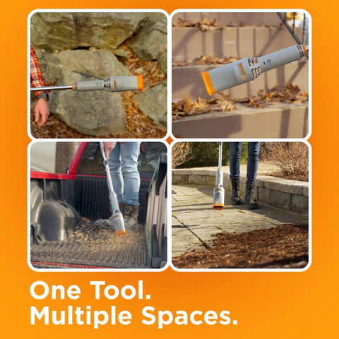 Rocket Cordless Air Broom For Indoor And Outdoor Cleaning in different settings like a patio, driveway, and truck bed