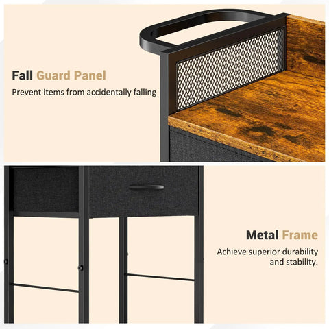 Close-up of mobile salon trolley cart with fall guard panel and metal frame, showing fabric drawer and durable steel construction.