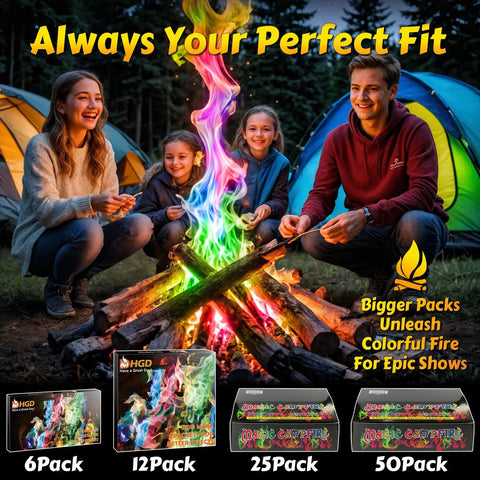 Family enjoys campfire with Color Changing Campfire Packets For Fire Pits And Indoor Outdoor Fireplaces Six Pack Rainbow Flames