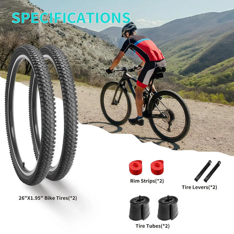 2 Pack 26 Inch Bike Tires 26x1.95 Mountain Bike Tires for MTB Off Road Folding Replacement Tire with Schrader Valve Inner Tubes Tire Levers and Rim Strips Included