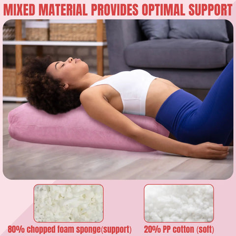 Rectangular Yoga Bolster Pillow For Restorative Yoga And Meditation, Plush Meditation Cushion With Carry Handle, 27 X 10 X 6 Inches, Pink Crystal Velvet Cover, Durable Foam Blend For Deep Relaxation And Cozy Support. woman resting on pink rectangular yoga bolster