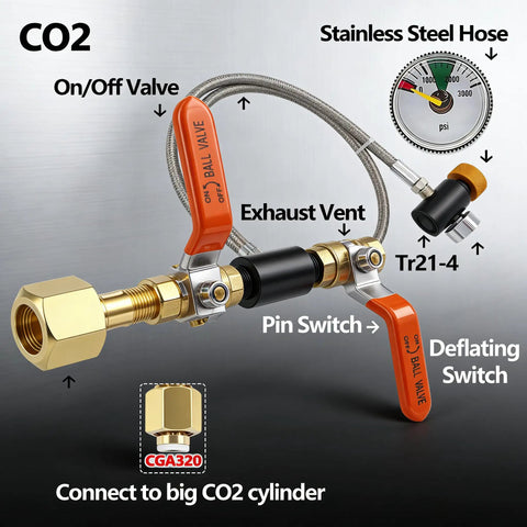 CO2 Refill Adapter for Soda Makers with 24 Inch Stainless Braided Hose, Pressure Gauge and Dual On Off Valves, High Pressure