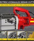 Ultra Fast 1250W Electro Hydraulic Rebar Cutter For concrete And Steel showing cutter with red handle and rebar types.