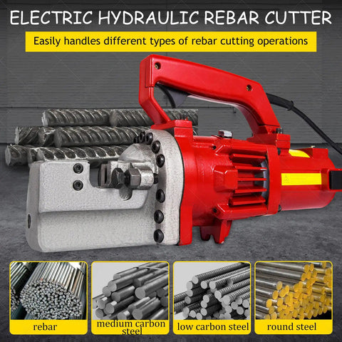 MXJCKSOQ Electric Hydraulic Rebar Cutter For Steel Rod 4-20mm Portable Cutting Tool With Pure Copper Motor shown cutting medium carbon steel.