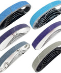 Three Quarter Inch By Twelve Inch Replacement Sanding Belt Kit for Ken Onion Edition Knife and Tool Sharpener shown in various grits