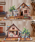 Front and back view of Hawaiian Vacation Beach House 3D Wooden Puzzle Kit With LED Light For Adults, 187 Pieces DIY Model Building Kit