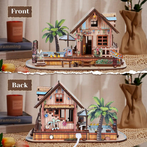 Front and back view of Hawaiian Vacation Beach House 3D Wooden Puzzle Kit With LED Light For Adults, 187 Pieces DIY Model Building Kit