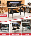 Flat Out Heavy Duty 60 Inch Workbench And Adjustable Height Stand 3000 Lbs Capacity Steel Frame Rubberwood Top with tools in workshop.