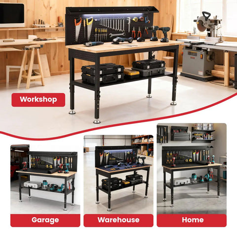 Flat Out Heavy Duty 60 Inch Workbench And Adjustable Height Stand 3000 Lbs Capacity Steel Frame Rubberwood Top with tools in workshop.