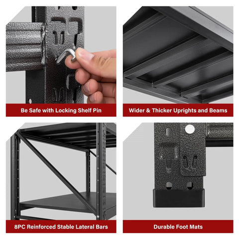 Close-up details of 71.3 Inch Heavy Duty Garage Shelving Units With 24 Inch Deep Shelves 5000 Lbs Capacity Steel Storage Racks.