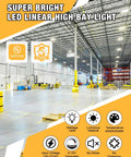 1.5 Ft Led Linear High Bay Light Adjustable Wattage 52W To 130W Swapping 4000K Or 5000K Shades in a bright warehouse setting.