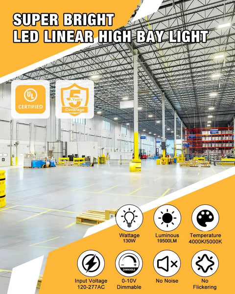 1.5 Ft Led Linear High Bay Light Adjustable Wattage 52W To 130W Swapping 4000K Or 5000K Shades in a bright warehouse setting.