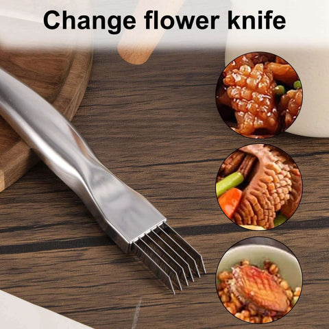 Green onion crinkle cutter, silver stainless steel multi-blade shredder for vegetables, front view.