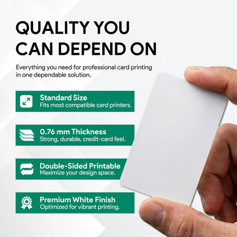 Hand holding a blank white card showcasing features for Bulk Pack Of 700 Blank CR80 PVC ID Cards 30 Mil Thick Dual Sided Badge Cards For Card Printers.
