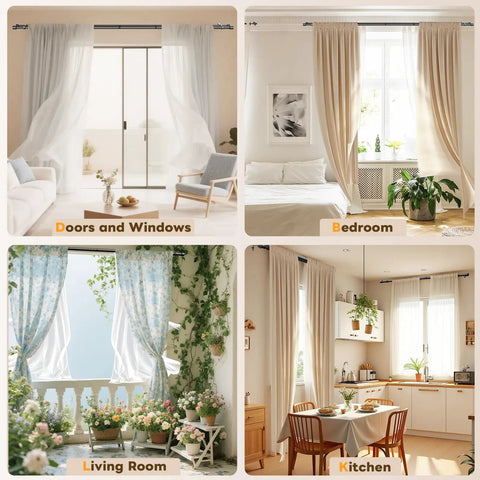 Double Curtain Rod Set 42 to 122 Inches, 1 Inch Telescoping Rods for Windows, Matte Black Finish with Classic Cap Finials in use