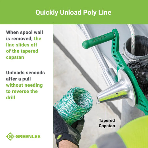 Greenlee G1 Versi-Tugger Handheld Cable Puller Crushes 1,000 Lb Loads With 68% Faster Speed And Strong 600 Lb Force For Lightning Quick Electrical Wiring Jobs In Branch Circuits Or Parking Lots Without Breaking A Sweat, showing tapered capstan and poly line.