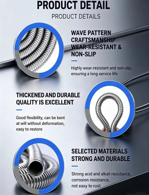 Close-up of Tough As Nails 304 Stainless Steel Flexible Conduit showcasing wave pattern design and flexibility features.