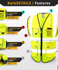 Next Level Hi Vis Safety Vest Class 2 Reflective Yellow Breathable Polyester 9 Pocket Front Cargo Setup With Dedicated Phone Compartment Built Different Workwear For Men features including large ID pocket and reflective detail.