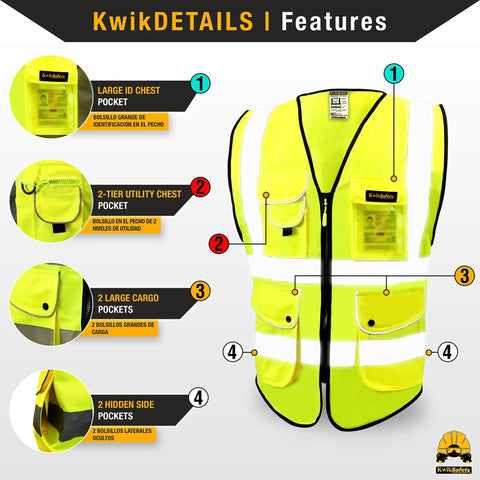 Next Level Hi Vis Safety Vest Class 2 Reflective Yellow Breathable Polyester 9 Pocket Front Cargo Setup With Dedicated Phone Compartment Built Different Workwear For Men features including large ID pocket and reflective detail.