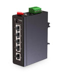 Front view of Industrial 5 Port Gigabit Ethernet Switch for DIN Rail and Wall Mount, compact metal housing, 4x 100/1000 ports.