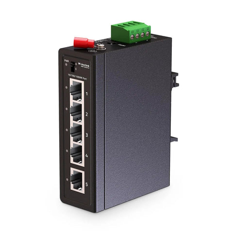 Front view of Industrial 5 Port Gigabit Ethernet Switch for DIN Rail and Wall Mount, compact metal housing, 4x 100/1000 ports.