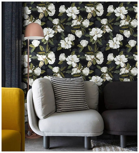 Peel And Stick Gardenia Floral Wallpaper Removable Vinyl Self Adhesive Mural Black White Green 17.7in By 32.8ft Roll Easy Install For Renters