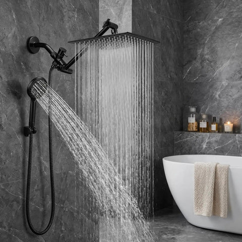 Rainfall Shower Head And Handheld Combo With 11 Inch Extension Arm In Matte Black, 8 Inch Square Rain Head With 9 Settings, Anti Leak Design